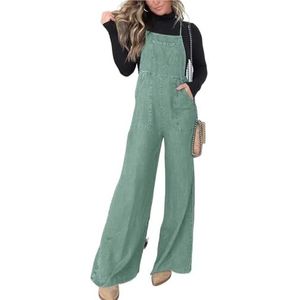 CupitiDU Denim overalls met wijde pijpen voor dames, zomer casual losse pasvorm verstelbare riem comfortabele jeans overalls met zakken (groen, 3X-Large)