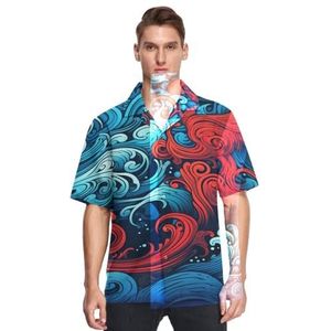 Octopus Abstract Rood Blauw Golf Shirts voor Mannen Korte Mouw Button Down Hawaiiaanse Shirt voor Zomer Strand, Patroon, S