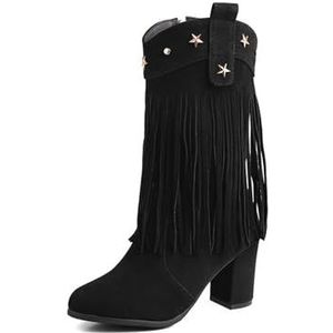 Dameslaarzen Met Franjes En Blokhak Retro Western Cowboy-enkellaarzen Puntige Enkellaarsjes Met Ritssluiting Aan De Zijkant Hoge Hakken Suède Korte Laarzen Dames Vrije Tijd Enkelschoenen(Black,42 EU)