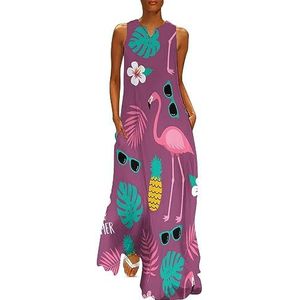 Flamingo en ananas dames enkellengte jurk slim fit mouwloze maxi-jurk casual zonnejurk 4XL