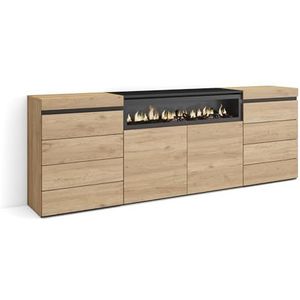 Skraut Home | Ladekast, Commode | Dressoir, 4 lades | 214x75x35 cm | Voor slaapkamer, kamer | Elektrische haard | Moderne stijl | Eiken