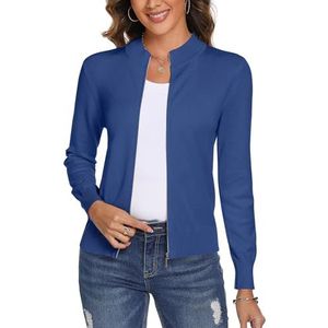 Aottori Gebreid vest met ritssluiting voor vrouwen, breien jas lange mouwen mantel, Denim Blauw, L