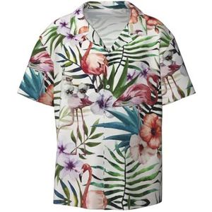 OdDdot Flamingo en bloemen print heren button down shirt korte mouw casual shirt voor mannen zomer business casual overhemd, Zwart, S