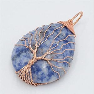 Rose Gold Color Wire Wrap Tree of Life Water Drop Pendant for Women Necklace Natural Stone Purple Pink Crystal Pendants Jewelry-Sodalite