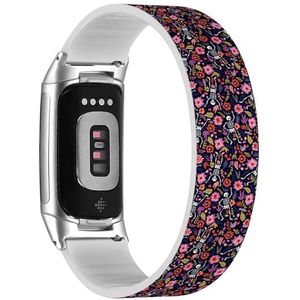 RYANUKA Solo Loop Band Compatibel met Fitbit Charge 5 / Fitbit Charge 6 (Dancing Skeletons Floral Garden) Rekbare Siliconen Band Strap Accessoire, Siliconen, Geen edelsteen