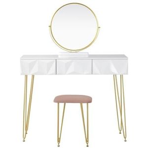 JAVPTAV Witte kaptafel met 360 graden draaibare spiegel en fluwelen kruk, make-uptafel met 3 laden, make-uptafel