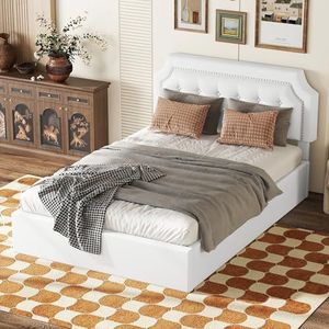 Aunvla 140 x 200 cm plat bed, gestoffeerd bed, hydraulisch tweeweg-bed, minimalistisch design, stijlvolle bekleding, wit