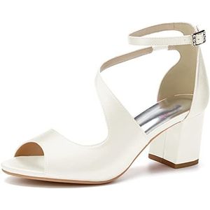 Dames Hakken Chunky Block Strappy Peep Toe Enkel Gesp Sandalen met hak Bruiloft Feest Jurk Schoenen,ivoor,35 EU