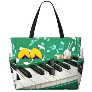 DJHVJS Japanse Lente Pruim Bloemen Gedrukt Grote Strand Tas Mode Zip Handtas Dames Tote Bag, Groene en witte pianotoetsen, Eén maat