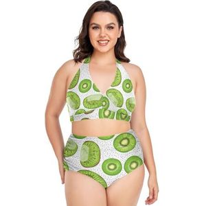 Polka Dot Kiwi Fruit Gesneden Vrouwen Bikini Sets Plus Size Badpak Twee Stukken Hoge Taille Strandkleding Meisjes Badpakken, Pop Mode, 4XL