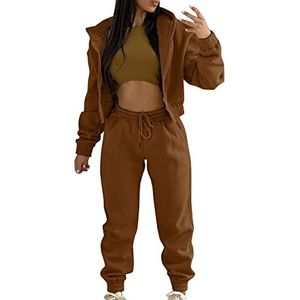 Nieuwe 2024 Kerst Dames Casual Trainingspak Herfst En Winter Top Vest Broek Set Modieuze Effen Kleur Rits Hooded Sweatshirt Broek Casual Driedelige Set Dames Plus Cocktail Jurk, Bruin, L