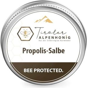Propolis zalf met bijenwas, olijfolie, propolis tinctuur en sheaboter. Zalf (40g) van Tiroolse Alpenhoning gemaakt in de Tiroolse bergen.