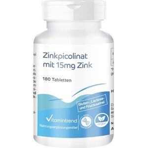 Zink 15mg van zinkpicolinaat - 180 veganistische tabletten - essentieel spoorelement - ! VOOR 6 MAANDEN ! - Gemaakt in Duitsland | Vitamintrend®