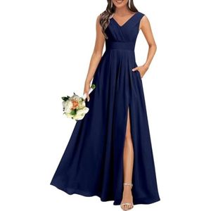 Chiffon bruidsmeisjesjurken voor dames, voor bruiloft, met split, cocktailjurk, avondjurk, baljurk, grote maten, Donkerblauw, 32
