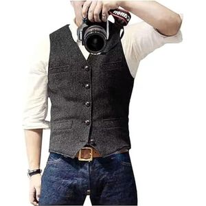 Solovedress Casual wollen vest met visgraatpatroon voor onder pak, v-hals, tweedvest voor bruiloft, groomsmen, zwart, M