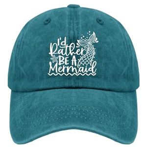 Dad Hats I'd Rather be a Mermaid Trucker Cap voor vrouwen, cool gewassen denim, verstelbaar voor wandelcadeaus, Cyaan Blauw, one size