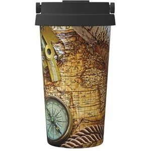 Kompas en oude wereld kaart print geïsoleerde koffiemok beker, 500 ml reizen koffiemok, voor reizen, kantoor, auto, feest, camping