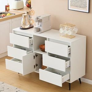 Modern wit dressoir met ledverlichting, 6 geruisloze laden, push-open deuren, hoogglans lak, matzwarte metalen poten, 120 x 40 x 80 cm, ideaal voor keukens, eet- en woonruimtes