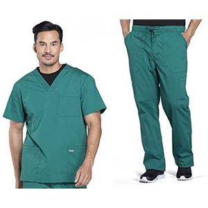 Heren Scrubs Set Workwear Professionals WW695 V-hals Top & WW190 Taps toelopende been Fly Front Cargo Broek, Hunter Groen-M Top/M Broek