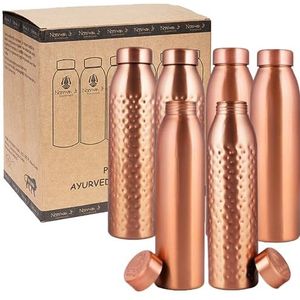 NORMAN JR Koperen waterfles 1L–Geschenkverpakking 6 stuks, effen 3, gehamerd 3, een Ayurvedisch vat van puur koper - helpt u meer water te drinken, met veel gezondheidsvoordelen
