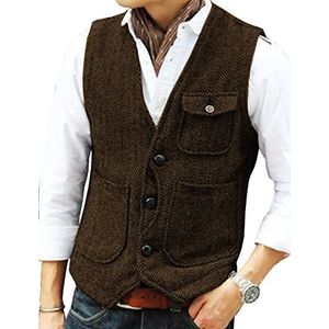 Heren visgraat kostuums Vest Wollen zakelijk tweed gilet V-hals Slim Fit(X-Large, Koffie)