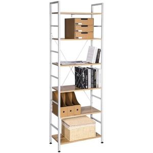 WOLTU 6 Tier Metalen opbergplank Staande plank 60x28x180cm,Ladderplank Bibliotheken Wit+lichteiken,RGB9307whe