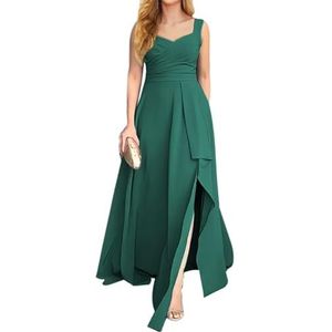 KURFACE Chiffon bruidsmeisjesjurk met split geplooide mouwloze lange avondjurk voor dames, Pauw, 32