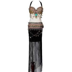 Zwart,L,PONNYC Buikdans Voorstellings Jurken Voor Vrouwen Indiaas Bollywood Halloween Kostuum Buikdanskleding Met Kralen Buiktop Cropped Top Bh En Riem Dansset Van 2 Stuks
