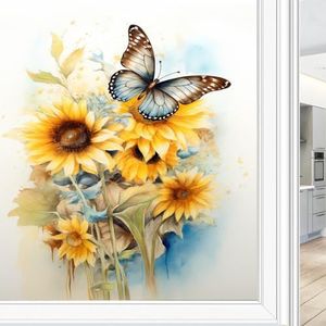 Vintage zonnebloem raamfolie, privacyfolie, gele bloem, natuur, vlinder, glas-in-loodfolie, decoratieve raamfolie, hechtende folie voor thuis, raam en glazen deur, zonwering, 80 x 140 cm