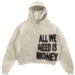 CheJooe Heren Retro Gothic Letter Gedrukt Oversized Hoodie Y2K Lange Mouw Ronde Hals Casual Trui Losse Casual Trui Hooded Sweatshirt Harajuku Punk Hip Hop Trend Mode Straat Jas, Abrikoos, S