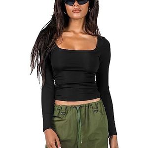 Dames Y2k Kleding Zwart Lange Mouw Tops Vrouwen Skims Dupes Crop Tee Top U-hals Esthetische Streetwear Slim Fit Basic Tops, Zwart, S