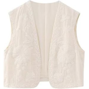 Vrouwen Vintage Geborduurd Bloemenvest Top Y2k Mouwloos Open Voorkant Crop Vest Boho Bloemenvest Jas(Color:Rice white,Size:X-Small)