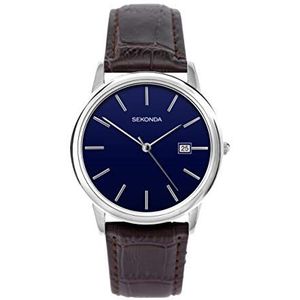 Sekonda Klassiek 37 mm kwartshorloge voor heren, met datumvenster en lederen band, Bruine armband/blauwe wijzerplaat, band