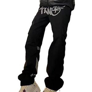 Y2K Cargo Y2K herenbroek, jeans, baggy, brede legs, Minus Two cargobroek, heren, hiphop baggy broek, Harajuku Denim Losse print, heren, rock, rechte wijde broek, Zwarte broek met grijze letters, S