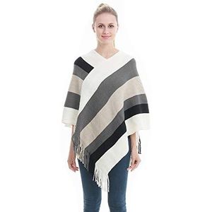 Xinqiao Vrouwen gebreide oversized poncho Cape winter warme strepen trui, Wit & grijs, L