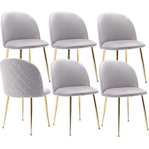 JINPALAY Set van 6 eetkamerstoelen, fluweel, keukenstoel, gestoffeerd, rugleuning, stoel, moderne woonkamerstoel, gouden poten, 6, grijs