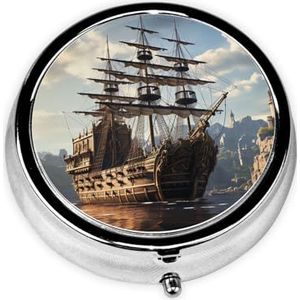 Port Print Ronde Pillendoos Leuke Mini Metalen Pil Case Met 3 Compartimenten Draagbare Reizen Pillendoos Geneeskunde Organizer voor Pocket Portemonnee