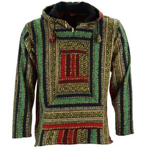 LOUDelephant Baja hoodie voor dames en heren, geborsteld katoen, trui in Mexicaanse stijl, festivaltop met kangoeroezak, boho, hippie, surfskater, fleece gevoerde hoodie, Rood Groen, L