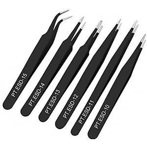 6 stks Rvs Pincet Set Anti-Statische ESD Industriële Precisie Pincet Kit Reparatie Tool voor Elektronica Solderen Crafting en Beauty