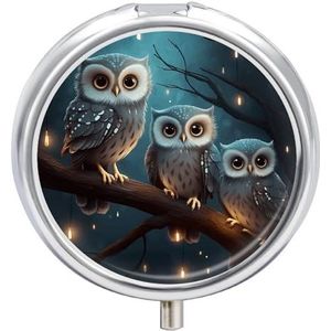 Uil op boom pillendoos medicijnpillenorganizer 3 compartimenten dagelijkse pillendoos kleine pillencontainer ronde pillenhouder reizen pillendoos metalen pillenetui voor portemonnee zak