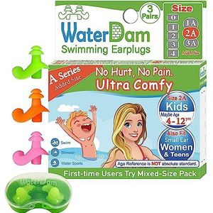 WaterDam A-serie Zwemoordopjes, ultracomfortabele, uitstekende waterdichte oordopjes (maat 2A+2A+2A: kinderen, tieners, dames met kleine en middelgrote oren (groen, oranje, roze))