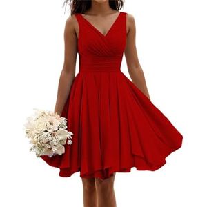 Korte bruidsmeisjes jurken voor vrouwen mouwloze geplooide chiffon V-hals A-lijn formele jurken avondjurken, Rood, 54