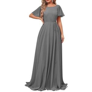 Damesjurken met korte mouwen, lange bruidsmeisjesjurk, chiffon, formele avondjurken met zakken, Grijs, 32