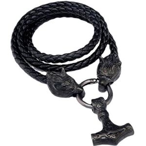 Heren Viking Wolf Mjolnir Ketting - Noorse Odin Keltische Knoop Thor's Hammer RVS Hanger - Handgemaakte Gevlochten Lederen Wolf Hoofdketting Amulet Heidense Sieraden (Color : Black_50CM)