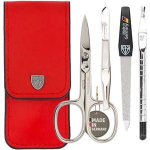 DREI SCHWERTER - 4-delige nagelverzorgingsset 'Modena' | Manicure en pedicure set in echt lederen etui MADE IN DUITSLAND. Kleur: Rood | Inhoud: Nagelschaar, pincet, saffier nagelvijl en