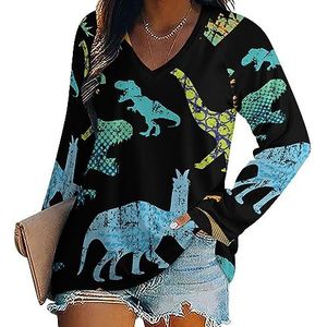 Grunge Dino Dinosaurus vrouwen casual T-shirts met lange mouwen V-hals bedrukte grafische blouses Tee Tops XL