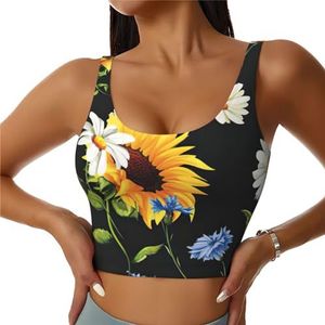 Zonnebloemen Kamille Print Casual Wear Vrouwen Sport Vest Yoga Vest Workout Vest Voor Vrouwen Lichtgewicht Trendy, Zwart, S