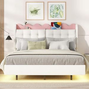 VSOGA 140 x 200 cm tweepersoonsbed, gestoffeerd bed, hangbed, nachtkastje, lichtbalk, USB-oplaadpoort, beige