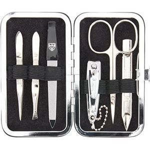 DREI SCHWERTER - 6-delig. Manicure Set 'Lucca' | Nagelset in echt leer - etui | Inhoud: huidschaar, 2 pincetten, dubbel instrument, nagelknipper, saffier nagelvijl - bruin