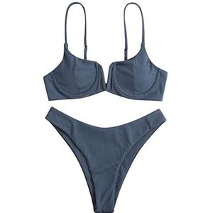 LULER Badpak voor dames, met kleine V-strepen en stalen beugel en borstkussen, bikiniset, Seaside-bikini, string, zwarte bikini, donkerblauw, M